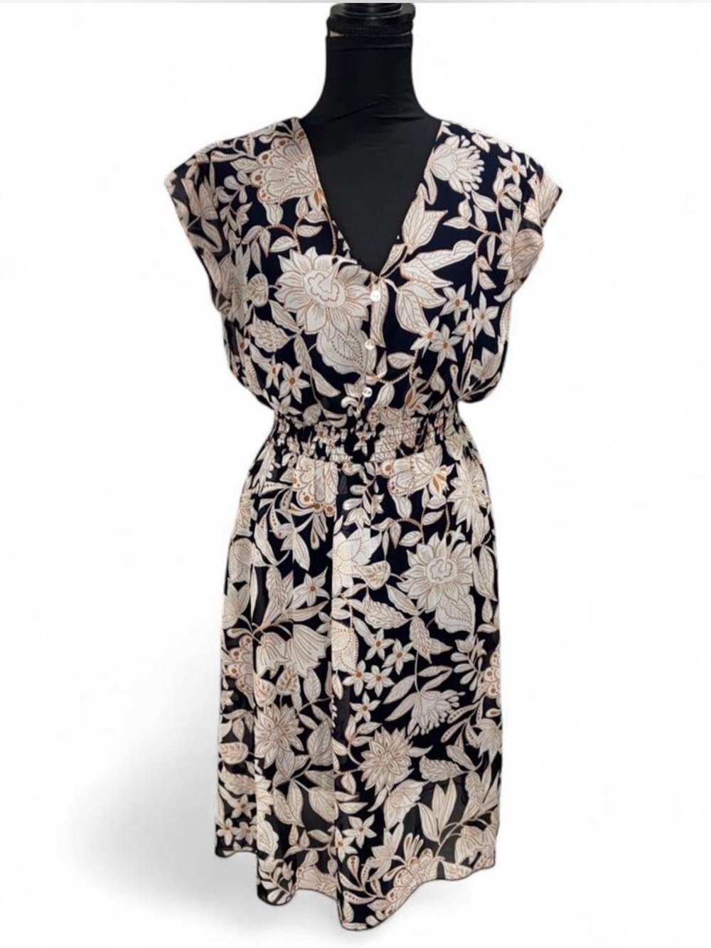 Enfocus Studio Navy Dress with Black & Tan Floral Trim